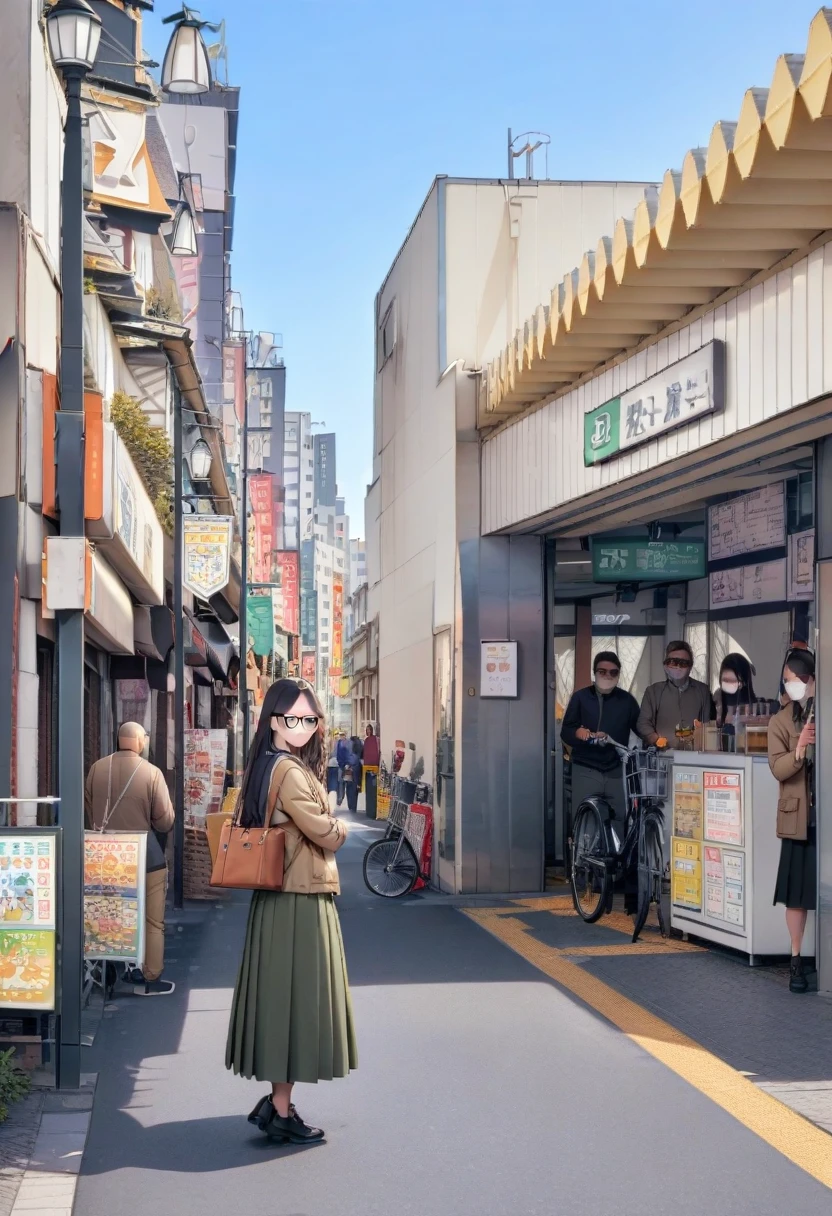 masterpiece, best quality, very aesthetic, absurdres,
1girl, solo, glasses, black hair, long hair, jacket, skirt, black bag, smile, looking at viewer, solo focus,
uguisudani_kitaguchi, storefront, scenery, bicycle, real world location, outdoors, street, road, sky, day, city, building, multiple boys, blue sky, 6+boys, sign, walking, lamppost
<lora:uguisudani_kita_SDXL_V2:1>