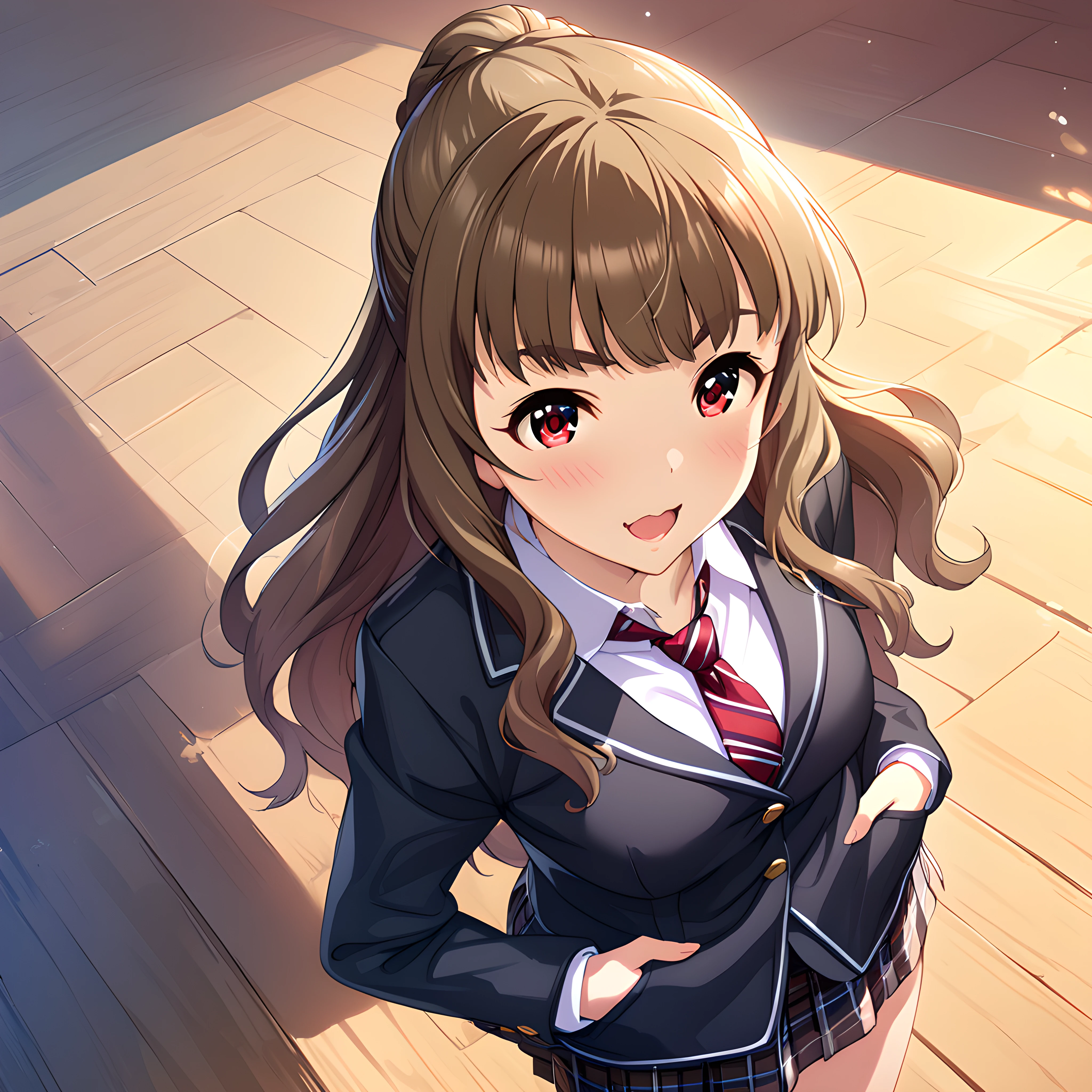 (masterpiece),(best quality),(ultra-detailed),(best illustration),(best shadow),(absurdres),(detailed background),(very aesthetic),nao kamiya, 1girl, solo, long hair, brown hair, red eyes, necktie, skirt, hands in pockets, school uniform, open mouth <lora:Nao_Kamiya:1>