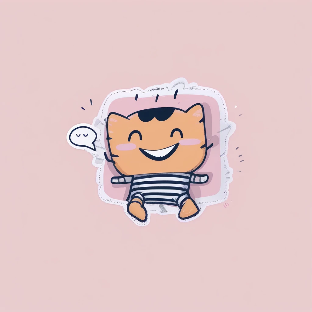 pillow, on back, pink background, smile, blush stickers, solo, speech bubble, motion lines, open mouth, striped shirt