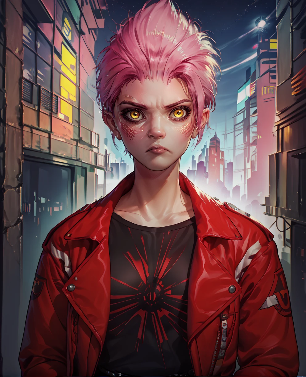 score_9,score_8_up,score_7_up,score_6_up,art3misxl,yellow eyes,pink hair,short hair,black shirt,red jacket,belt,science fiction,city,looking at viewer,night,wall,<lora:art3misXL:0.9>,serious,