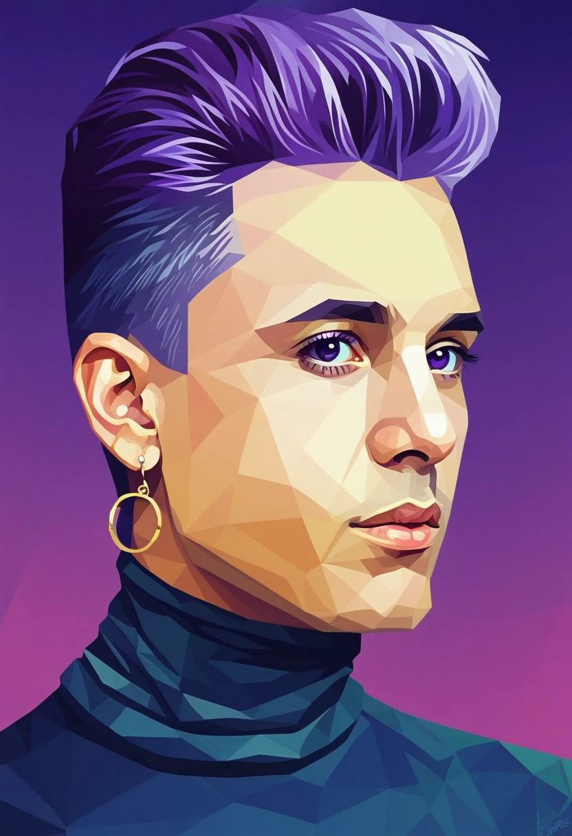 lwpztxxs, 1boy, solo, male focus, jewelry, earrings, purple hair, pompadour, turtle neck, hoop earrings, prismatic, low poly, vector art, geometric, vector illustration, flat colors, masterpiece, best quality