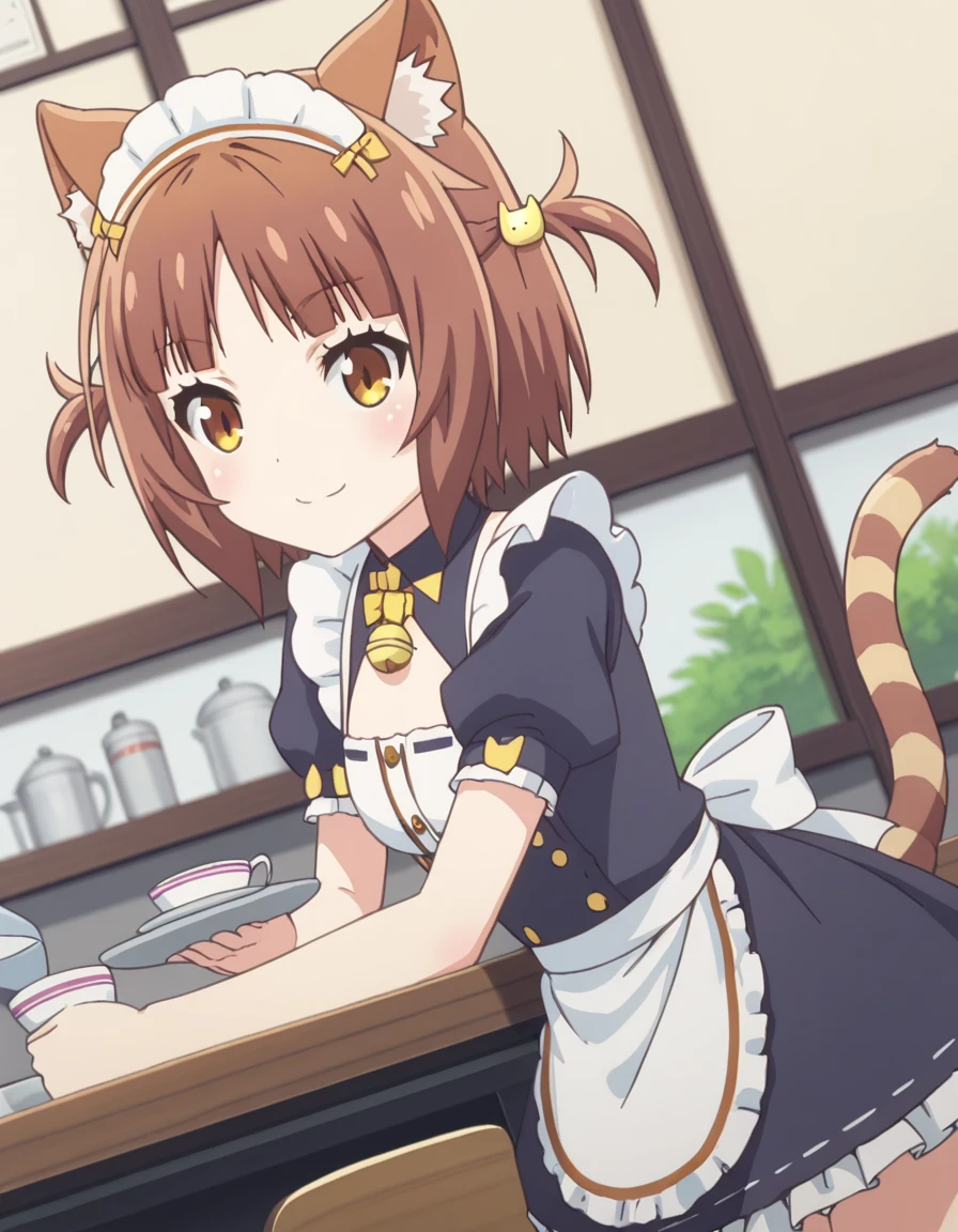 score_9, score_8_up, score_7_up, source_anime,
nekoparaazuki, <lora:nekopara-azuki-s1-ponyxl-lora-nochekaiser:1>,
azuki, short hair, brown hair, hair ornament, animal ears, brown eyes, cat ears, two side up,
apron, cat tail, maid, maid headdress, bell, waitress, striped tail,
indoors, cafe, bent over, smile,
looking at viewer, solo, cowboy shot, dutch angle,