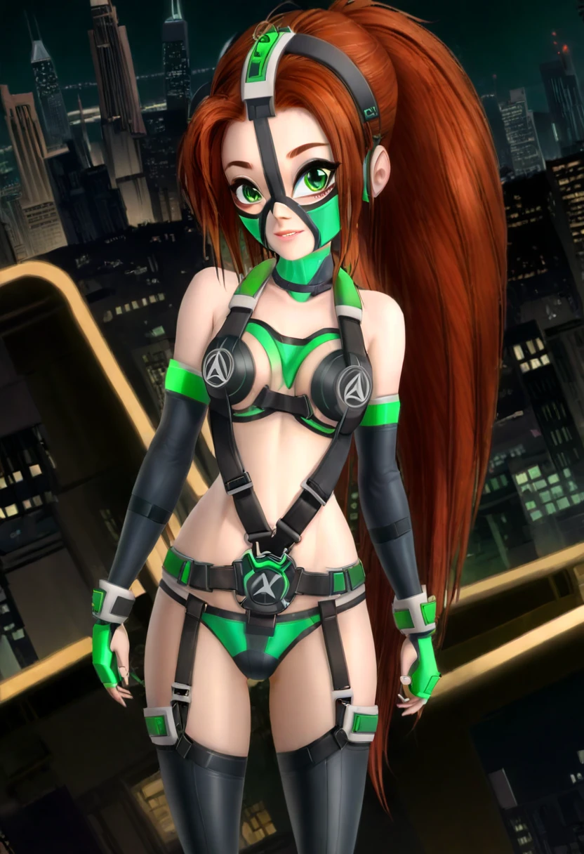 (masterpiece, best quality, ultra_detailed, highres, absurdres:1.2), 1girl, speakini <lora:speakini_xl_v6_green-000009:1> green theme, <lora:mysticons_arkayna_casual_xl:1> arkayna \(mysticons\) casual outfit, long red hair, (light smile:0.3), (mask:1.4), bare shoulders, wristbands, dark gray elbow gloves, dark gray thighhighs, fingerless elbow gloves, toeless legwear, underboob, choker, harness, headphones, vibrator, cables, cybernetics, standing, full body view, solo, alone, futuristic city, sci-fi, movie still, (ultrahigh resolution textures), (volumetric, cinematic) lighting