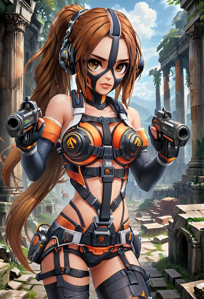 (masterpiece, best quality, ultra_detailed, highres, absurdres:1.2), 1girl, speakini <lora:speakini_xl_v6_orange-000009:0.95> orange theme, <lora:PonyCroft:0.8> PonyCroft, single braid, brown eyes, wielding dual pistols, (light smile:0.3), (mask:1.35), bare shoulders, wristbands, dark gray elbow gloves, dark gray thighhighs, fingerless elbow gloves, toeless legwear, underboob, choker, harness, headphones, vibrator, cables, standing, looking at viewer, solo, alone, ancient temple ruins, movie still, (ultrahigh resolution textures), (volumetric, cinematic) lighting, <lora:XL_Weapon_Dual_Pistols:0.85>