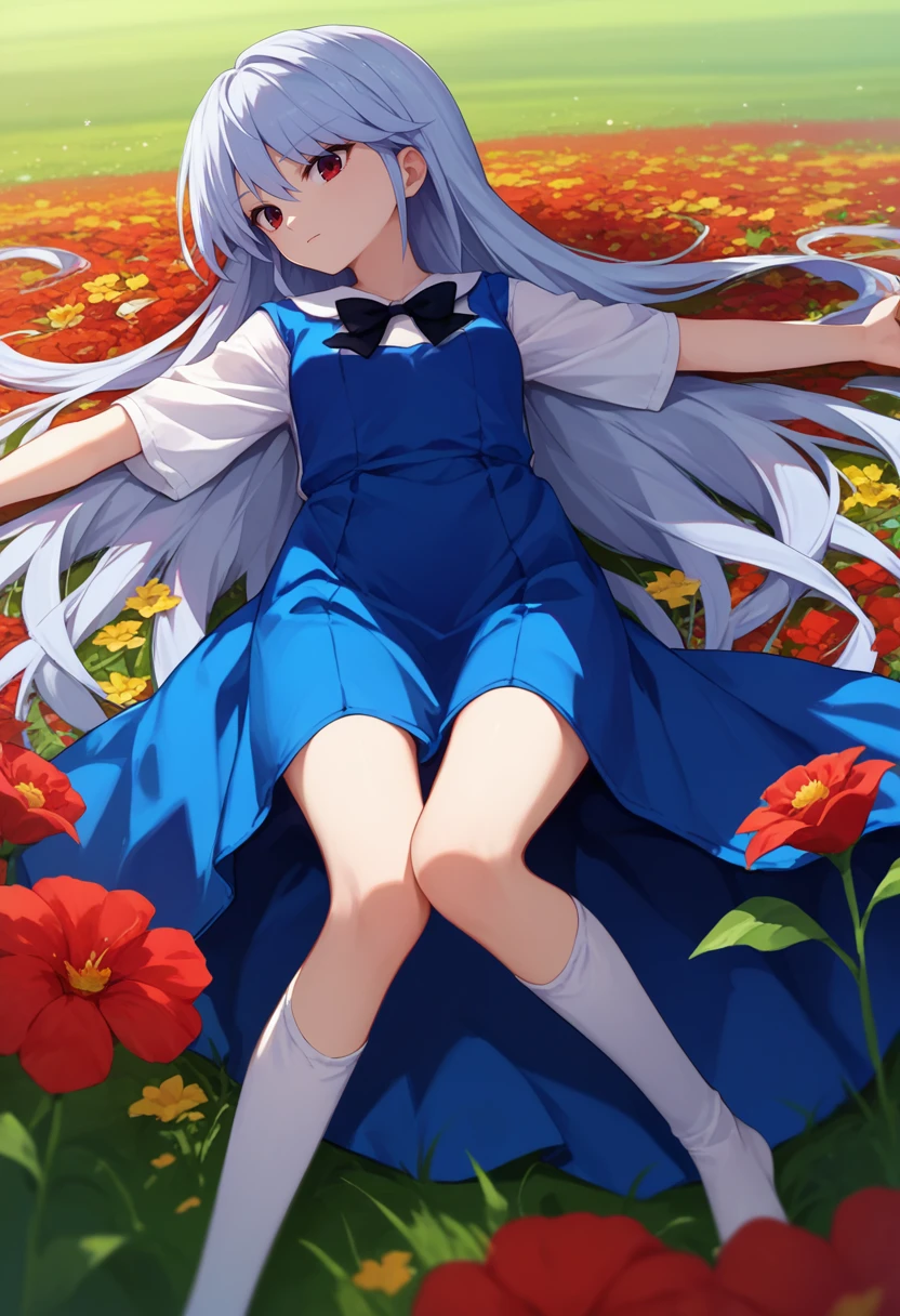 score_9, score_8_up, score_7_up, 1girl, Kazuki, silver hair, long hair, red eyes, white shirt, blue dress, black bow, white socks, on back, outstretched arms, flower field, <lora:Kazuki Dora V2-000009:1>