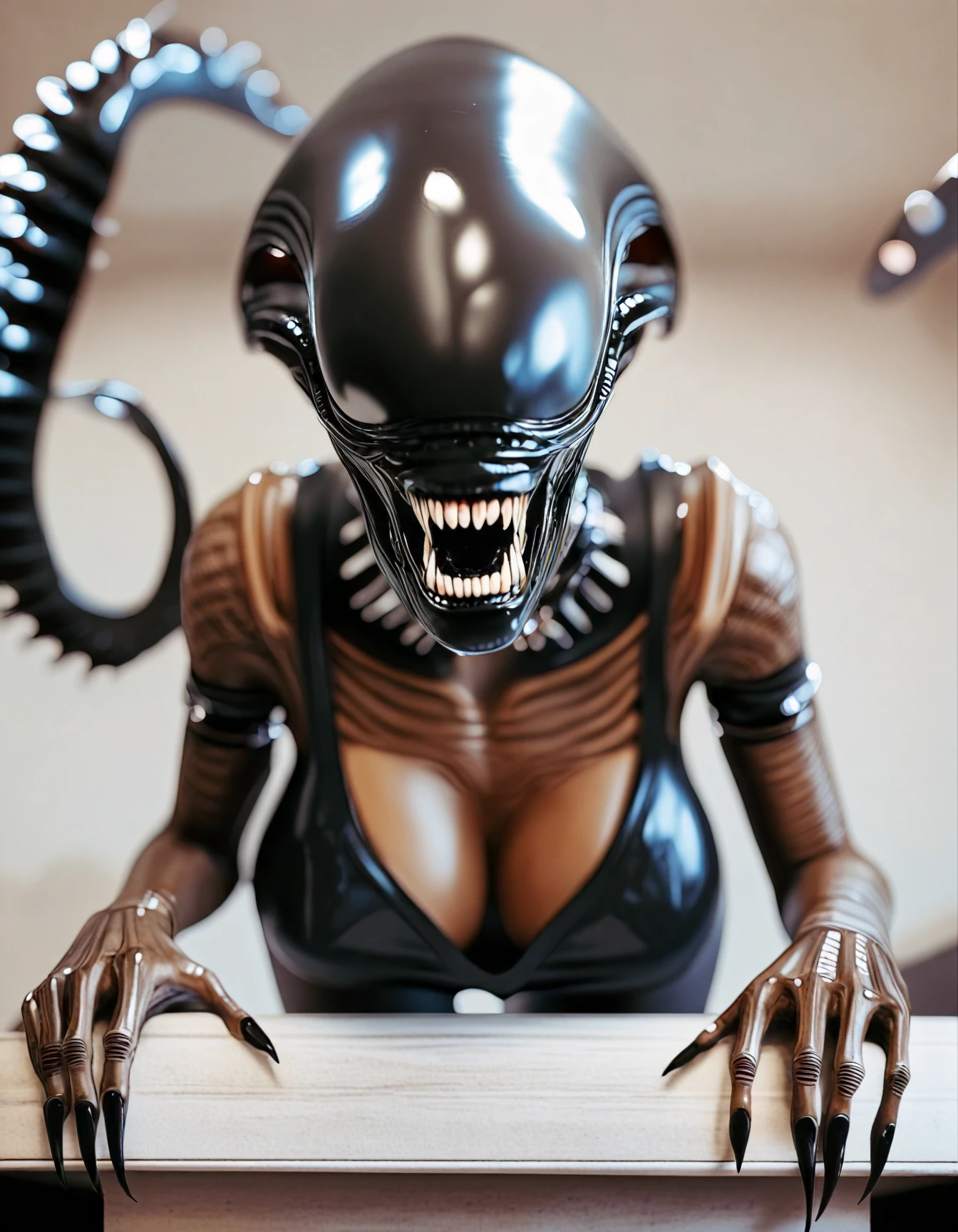 score_9, score_8_up, score_7_up, score_6_up, score_5_up, score_4_up,hr giger, alien, xenomorph, in space cockpit, controlldesk, begging face, cute, makeup, beautiful eyes, big breasts,(sharp fangs),slim body, long black hair, stockings, high heels, jewelry, choker, ((tanned skin)),latex miniskirt, perfect face, bent over, on desk, look at viewer, darkness, pov, back view, bottom view, detailed face and eyes, 4k, sharp focus