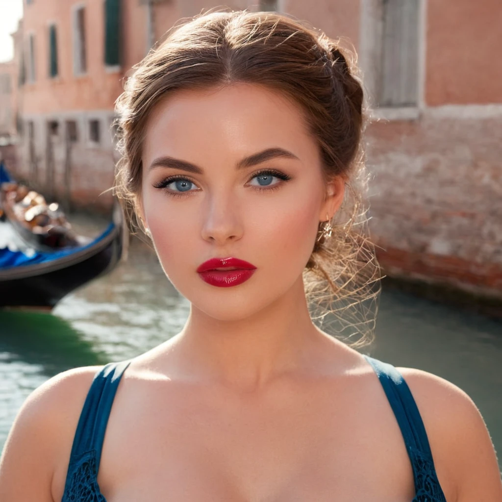 cinematic film still EuroBabe, Eastern, brunette, lipstick, makeup, sharp detailed perfect eyes, blue eyes, detailed skin, sunny, cleavage, Venice . shallow depth of field, vignette, highly detailed, high budget, bokeh, cinemascope, moody, epic, gorgeous, film grain, grainy