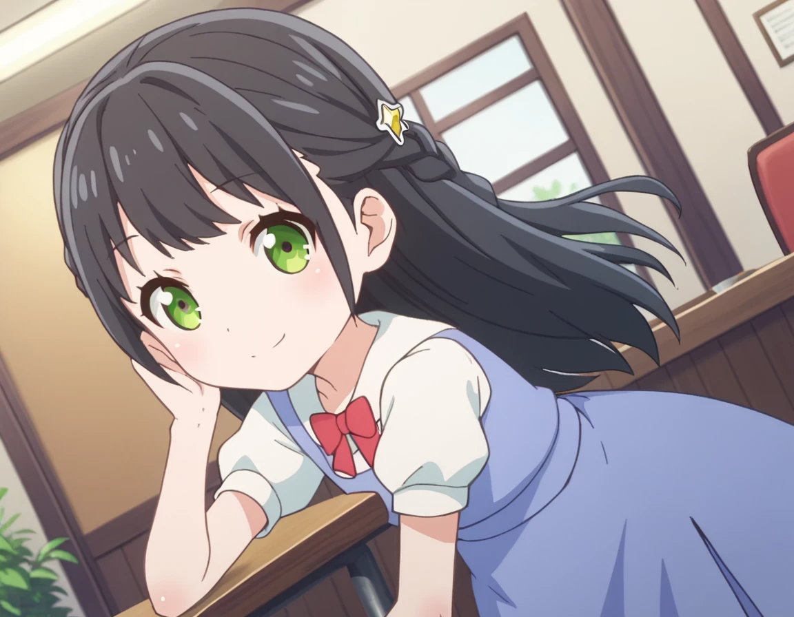 score_9, score_8_up, score_7_up, source_anime,
nekoparachiyo, <lora:nekopara-chiyo-s1-ponyxl-lora-nochekaiser:1>,
chiyo, long hair, bangs, black hair, green eyes, braid,
shirt, dress, bow, white shirt, short sleeves, sleeveless, puffy sleeves, bowtie, red bow, puffy short sleeves, sleeveless dress, blue dress, red bowtie, pinafore dress,
indoors, cafe, smile, bent over,
looking at viewer, solo, cowboy shot, dutch angle,