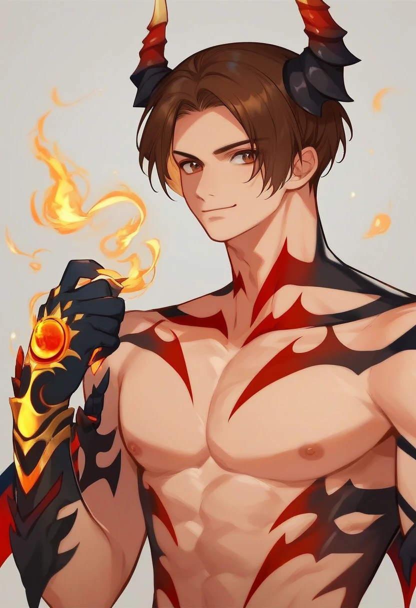 score_9, score_8_up, score_7_up, masterpiece, best quality, amazing quality, best aesthetic, ,absurdres, cute, kyo_seven, brown hair, brown eyes, demon horns, demon wings, tatto, demon boy, 1boy<lora:EMS-368543-EMS:1.000000>