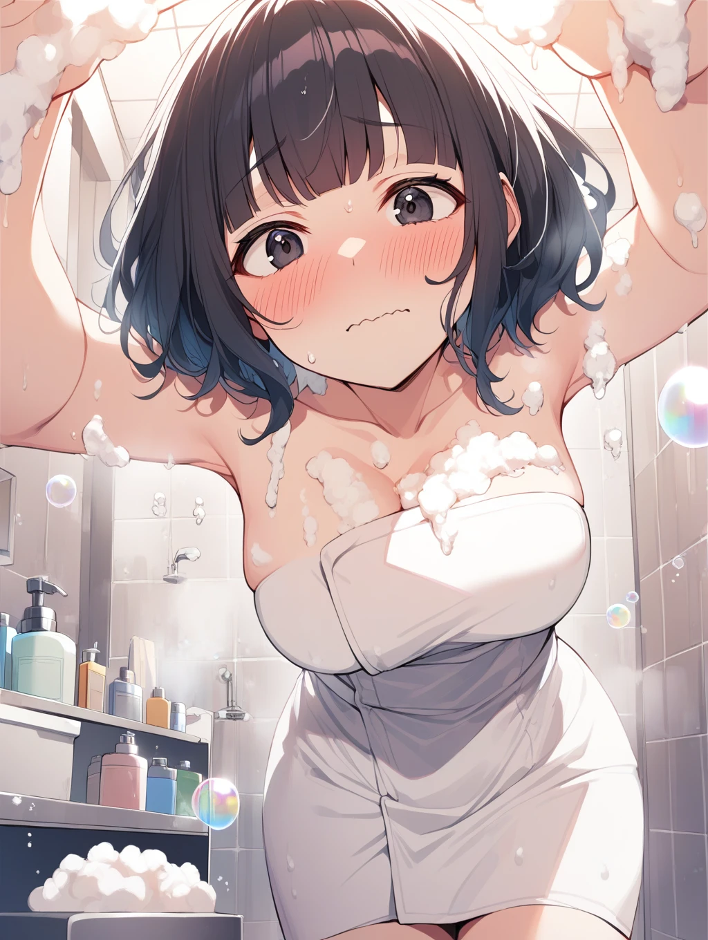 1girl,  <lora:incoming_headpat_v04a:1>  inhep,( arms up:1.1),  looking up , naked towel, soap bubbles,( soap:1.4), bathroom, embarrassed, blush,  bob cut, blunt bangs, black hair, black eyes,  from below,  wavy mouth,  leaning forward, open hand,