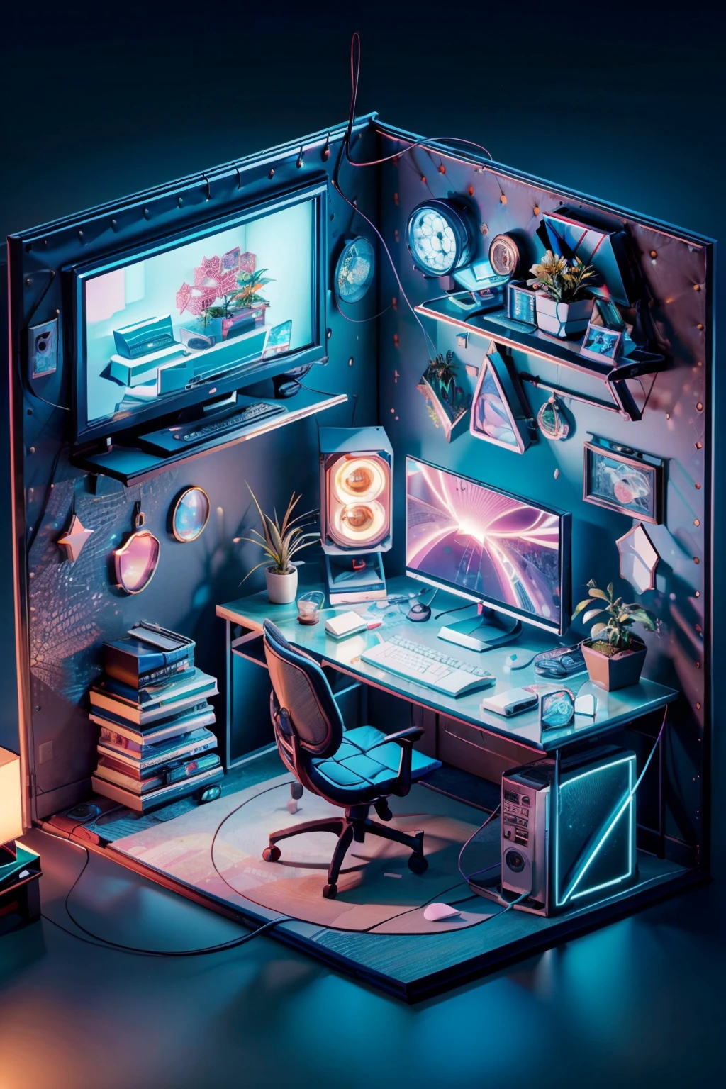 (ultra realistic,32k, masterpiece:1.2),(high detailed:1.1),( high quality:1.1), BREAK, <lora:IsometricNeon:0.8>,   from above,   IsometricNeon, indoors, gradient, book, gradient background, no humans, chair, plant, box, scenery, desk, lamp, controller, cable, computer, television, monitor, keyboard (computer), flower pot, mouse (computer), screen, platform,  BREAK,  blooming stars, luminescent, otherworldly fragrance blurry background, (<lora:add_detail:0.92>, (glowwave:1.1),