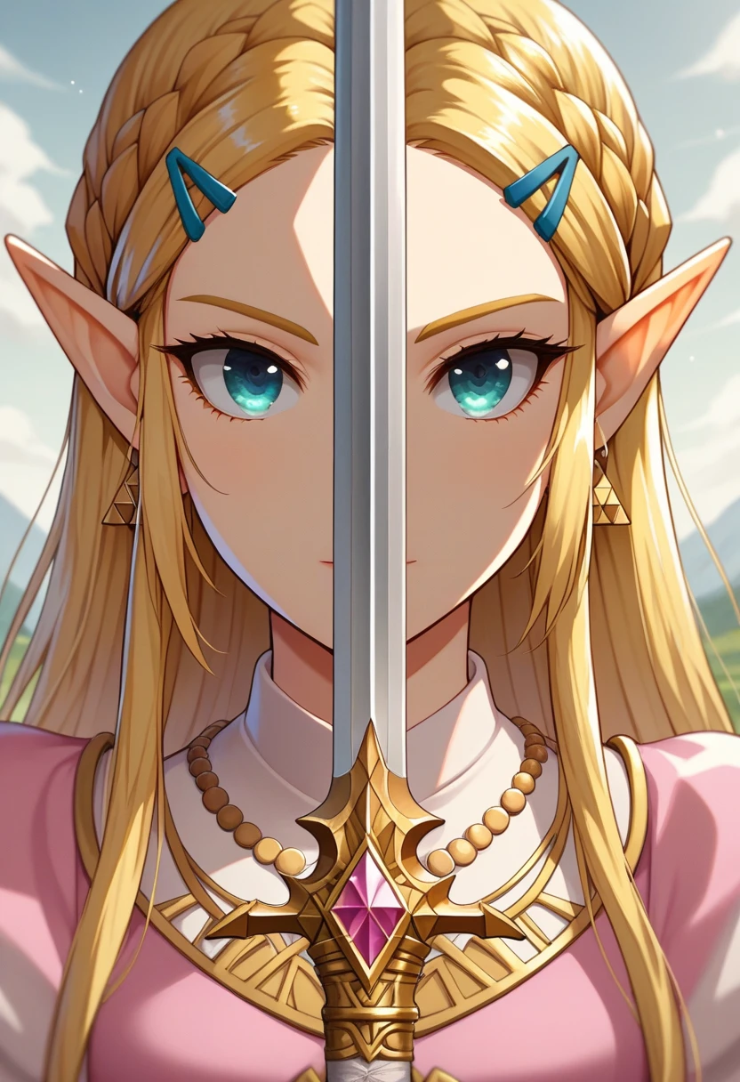 score_9, score_8_up, score_7_up, source_anime BREAK 1girl, solo, <lora:swordup-pose-richy-v1_pdxl:1> swordup, looking at viewer, close-up, princess zelda, blonde hair, sidelocks, pink dress, triforce, earrings