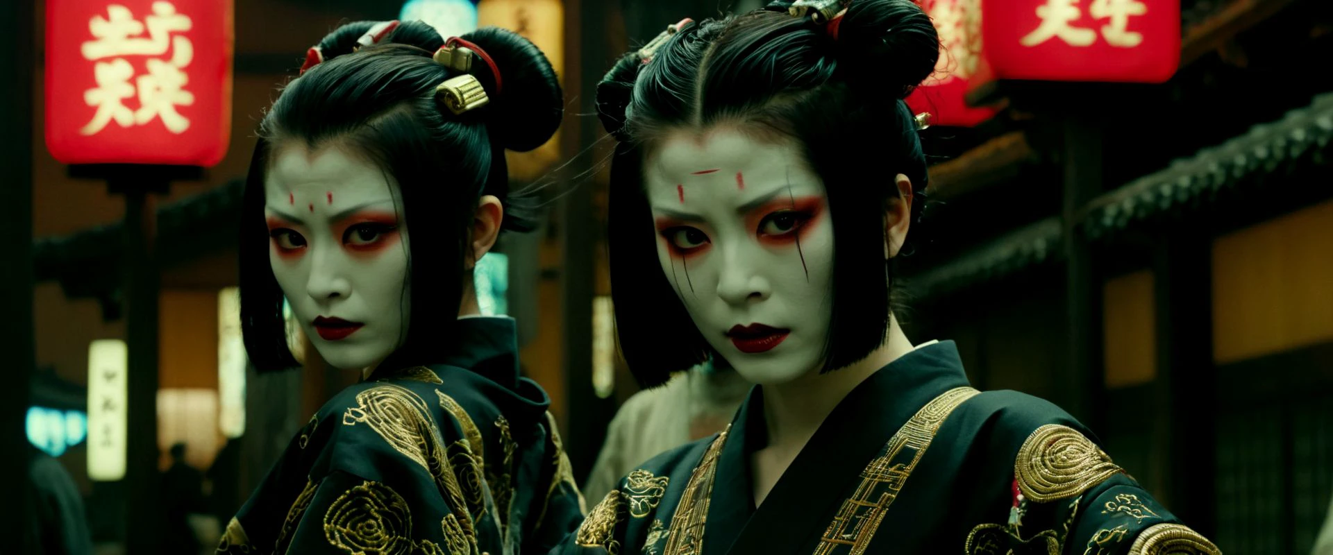 cinematic still, filmed by Guillermo del Toro, horror theme, klimt composition,  Japanese edo period theme, neo tokyo, cyberpunk, engineer, high technology, connected people, corrupted politicians, yakuzas, cyborg geisha in action pose with traditional haircut, seductive, lascivious, dangerous, poisonous, traditionnal outfits, wired people, traditional japanese edo patterns embroideries,  adorned with elementals edo magics,  Junji Ito, complexe city background, Kawanabe KyMsai, pale skin, imperfections, (8K resolution), establishing shot, 4K resolution, high textures, silicon shells, high engineering, 36mm, subsurface scattering, (chromatic aberration:1.4)