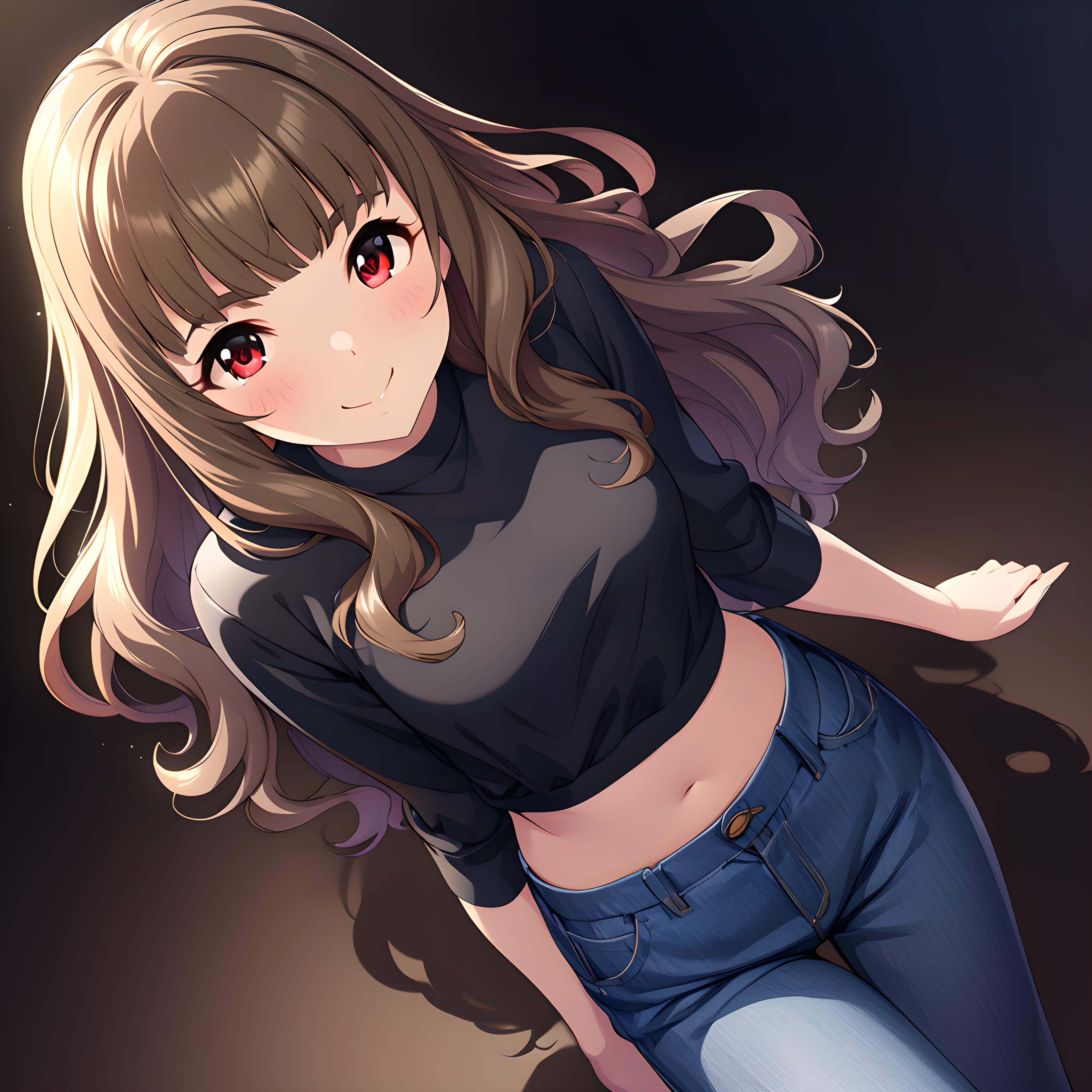 (masterpiece),(best quality),(ultra-detailed),(best illustration),(best shadow),(absurdres),(detailed background),(very aesthetic),nao kamiya, 1girl, solo, long hair, red eyes, pants, brown hair, black background, smile, looking at viewer, simple background<lora:Nao_Kamiya:1>