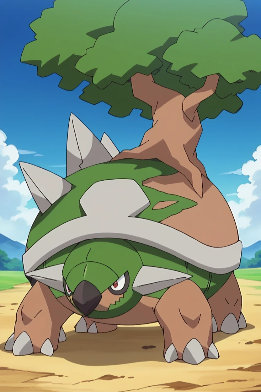 score_9, score_8_up, score_7_up, score_6_up, BREAK official style, torterra, pokemon \(creature\), no humans, tree, solo, sky, claws, red eyes, outdoors, day, closed mouth, straight-on, cloud, spikes, blue sky <lora:TorterraPony:1>