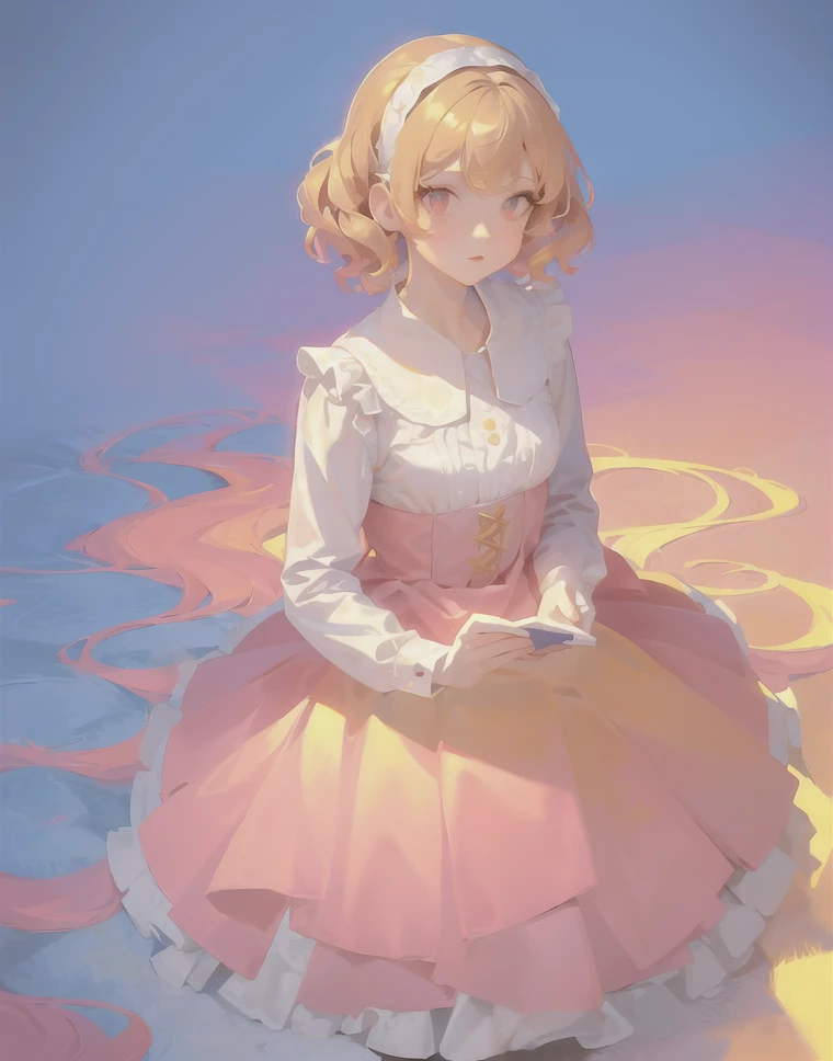 (masterpiece:1,2), best quality, masterpiece, highres, original, extremely detailed wallpaper, <lora:Yellow_Light:0.74> , yellow light, pastel colors, (high contrast), portrait, white dress, blue background, pink shadows, frilled dress, long sleeves,