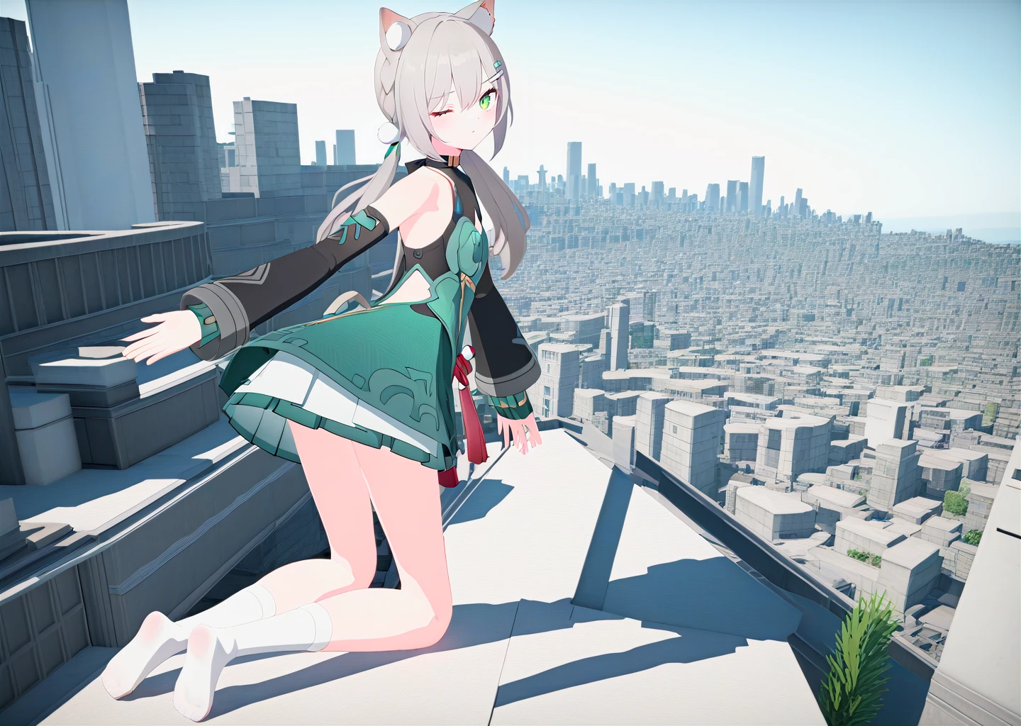 high quality, masterpiece, solo,
digital art, city, 3d,
1girl, green eyes, expressionless, wide shot,
kneeling, from side, looking back, one eye closed,
grey hair, twintails, cat ears, pom pom hair ornament,
detached sleeves, long sleeves,
green dress, white skirt,
(bare legs),
white socks,
no shoes, full body,
<lora:qingque60-you-014:0.65>