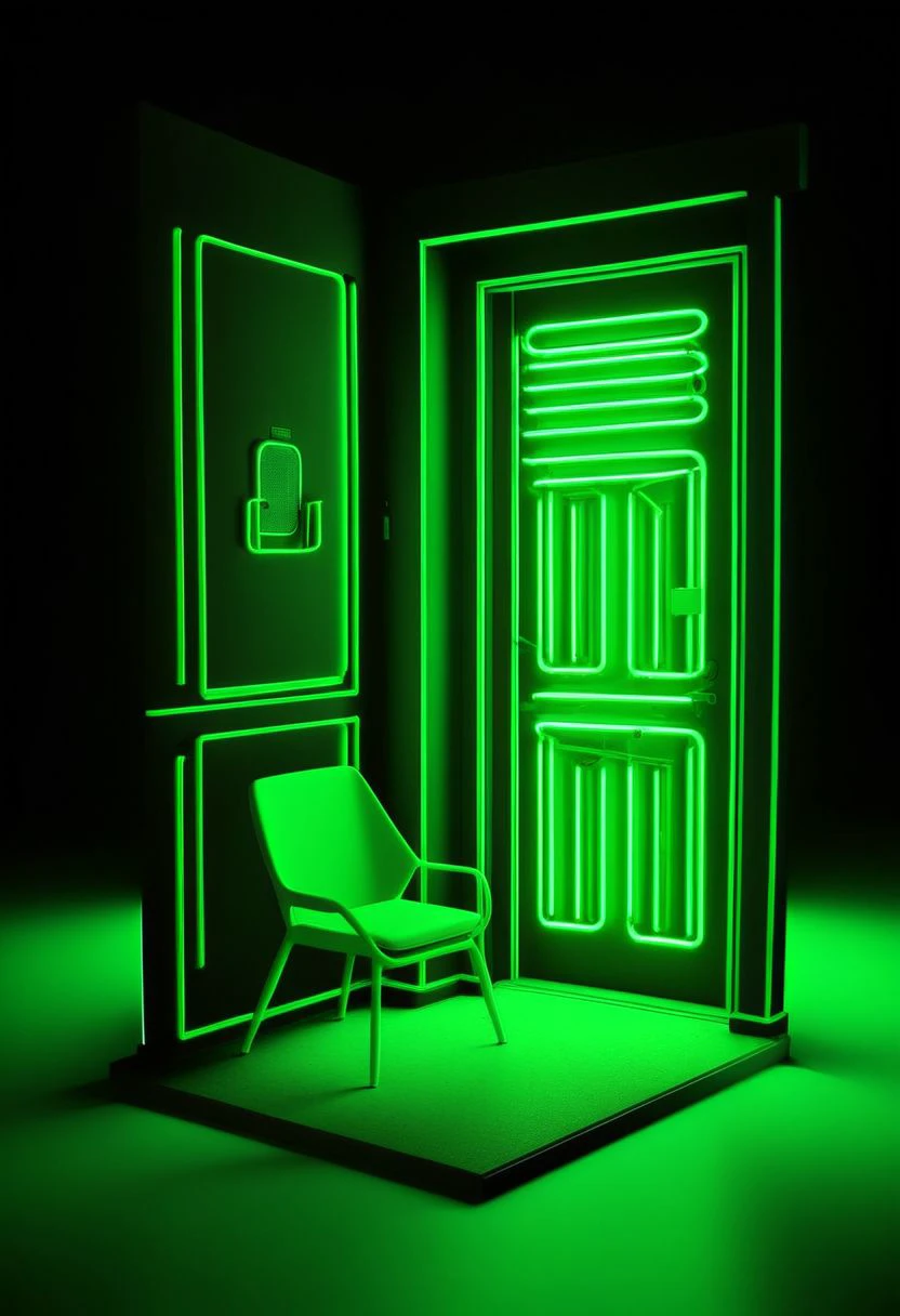 iszsks, plant, door, potted plant, neon theme, duotone, sidelighting, octane render, specular highlights, neon lighting, indoors, chair, no humans, isometric view, cutaway, diorama, isometric cutaway, masterpiece, best quality