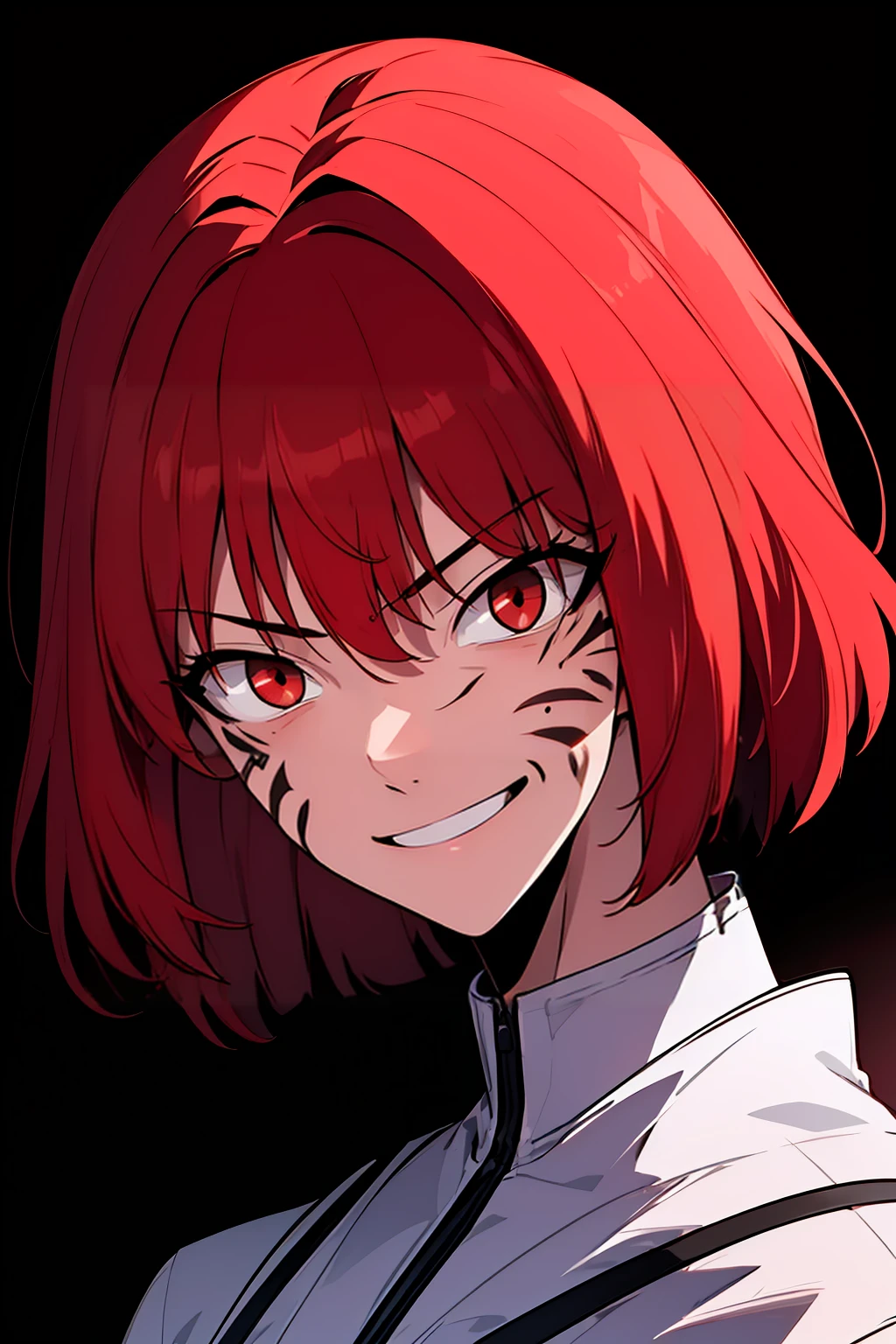 masterpiece, best quality, 1girl, portrait, red hair, short hair, red eyes, facial mark, evil smile,
<lora:Solo_Max-Level_Newbe_Style:0.8>