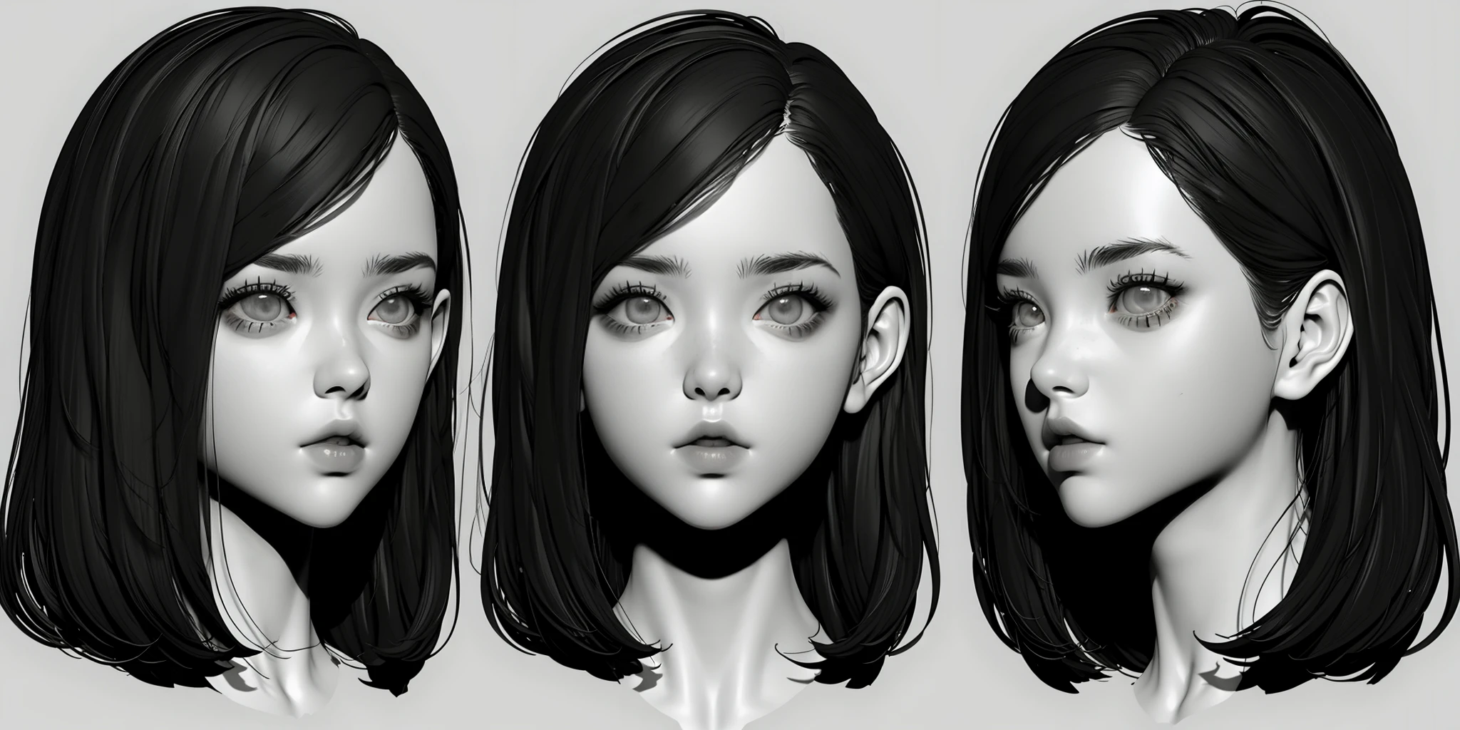 monochrome,HEZI,Three views,modeling,Hair,girl,avatar,greyscale,closed mouth,looking at viewer,3girls,portrait,medium hair,lips,simple background,grey background,1girl,realistic,expressionless,nose,bangs,multiple girls,parted bangs,parted lips,multiple views,long hair,short hair,cropped shoulders,eyelashes,hair behind ear,grey eyes,swept bangs,<lora:建模头åä¸è§å¾-000008:0.8>,