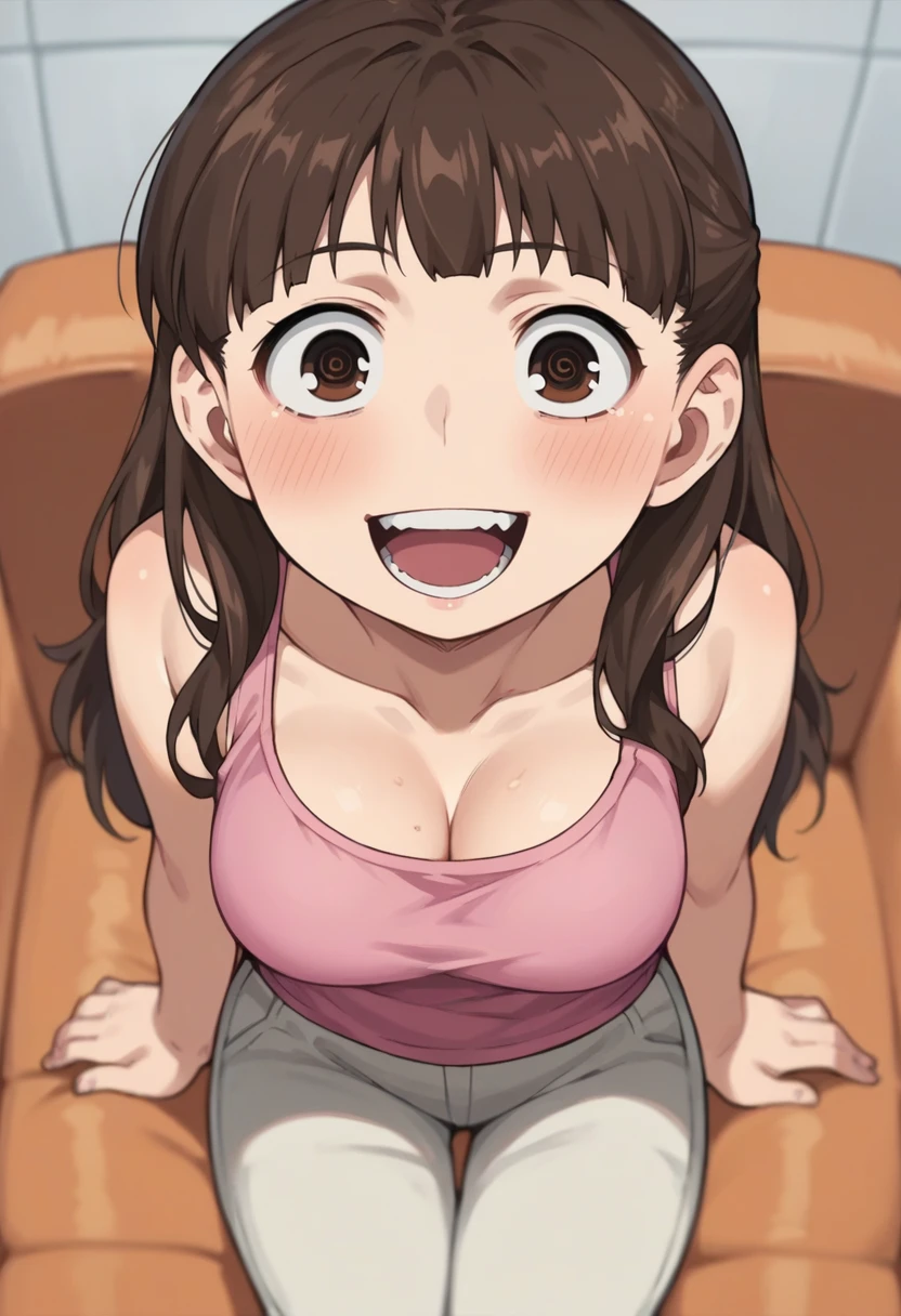 score_9, score_8_up, score_8, source_anime, 1girl, <lora:MarinaSugisaki:0.85> , solo, brown eyes, brown hair, long hair, pink tank top, breasts, blush, smile, sitting on couch, view from above, crazy expression, mouth open,
room background, blurry background,