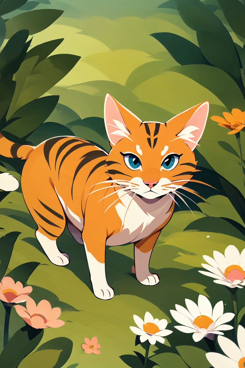 score_9, score_8_up, score_8, solo, looking at viewer, full body, flower, outdoors, no humans, animal, orange cat, grass, plant, white flower, animal focus, whiskers, <lora:FlatAnimeP1:1.1>,