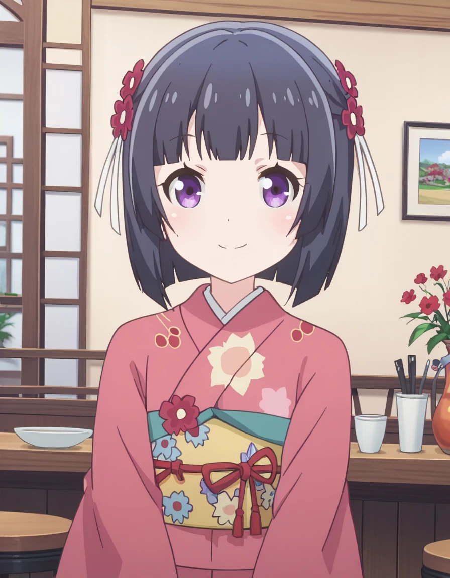 score_9, score_8_up, score_7_up, source_anime,
shigureminazuki, <lora:shigure-minazuki-s1-ponyxl-lora-nochekaiser:1>,
shigure minazuki, short hair, bangs, black hair, hair ornament, black hair, purple eyes, hair ribbon, flower, hair flower, red flower,
long sleeves, japanese clothes, wide sleeves, kimono, sash, obi, floral print, print kimono, pink kimono,
indoors, cafe, smile,
looking at viewer, solo, cowboy shot, dutch angle,