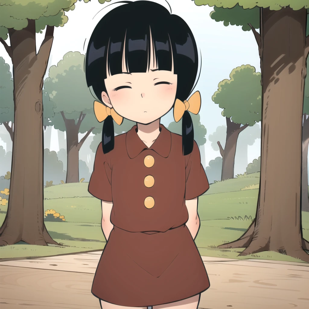 1girl, solo, Chen, black hair,  twintails, dress, hair bow, red shirt, red skirt, stealth skirt, short sleeves, Asian, closed eyes,  <lora:Chen_Cedric_Leaf2:0.8>, cowboy shot, arms behind back, forest,