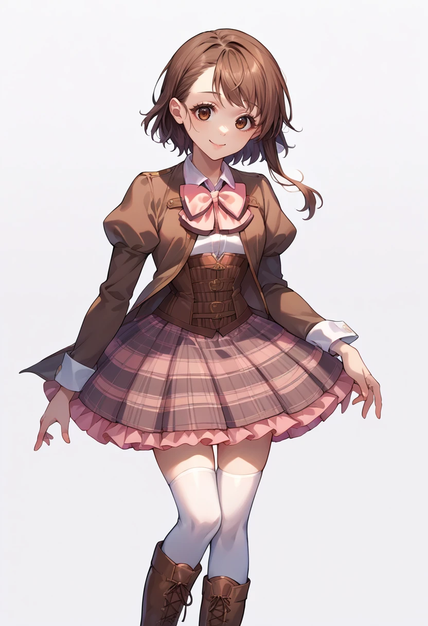 score_9, score_8_up, score_7_up, source_anime, 1girl, solo, smile, LudobicoUniformJacket, pink bowtie, brown jacket, juliet sleeves, open jacket, white shirt, corset, plaid skirt, frilled skirt, white thighhighs, knee boots, <lora:ChamLudobicoUniformPonyXL-000003:1>, <lora:OnoderaKosaki_XLPD:0.8> OnoderaKosaki