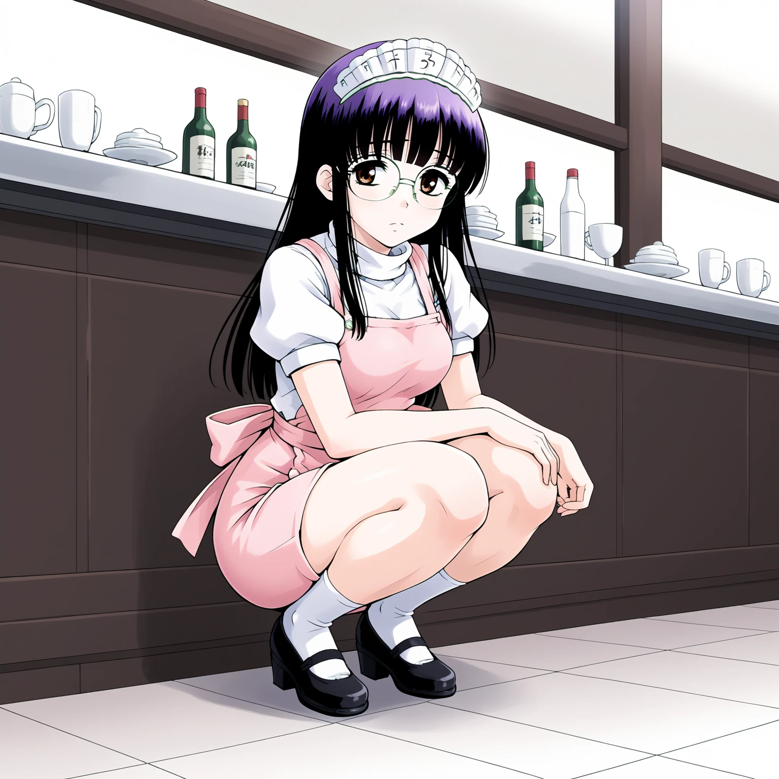 <lora:SUTomoXLpony001>,
solo,
SUTomo,1girl,black hair,purple hair,long hair,bangs,brown eyes,eyewear,
waitress headdress,
waitress,white shirt,turtleneck,pink dress,pink apron,
pencil_skirt,
full body,squatting,