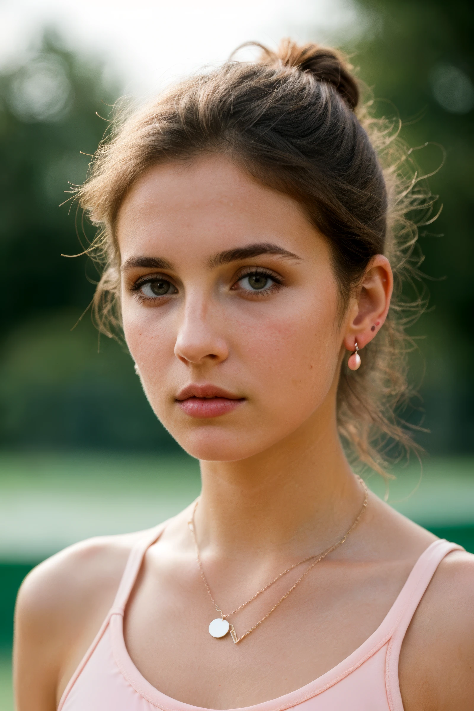 skinny French girl called Eve, eyeshadow, messy brunette hair, (blush), dark eyeliner, (earrings, necklace), wearing sexy tennis clothing, looking at the viewer, serious expression, outside, simple background, shallow depth of field, bokeh, cinemascope, moody, epic, gorgeous, film grain