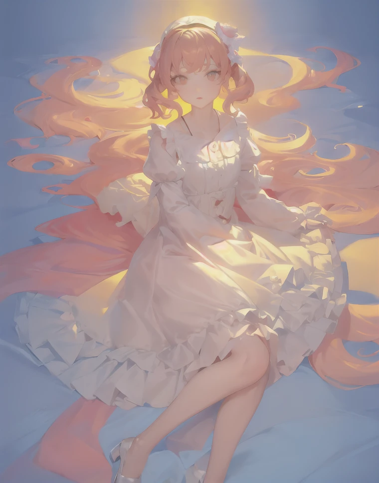 (masterpiece:1,2), best quality, masterpiece, highres, original, extremely detailed wallpaper, <lora:Yellow_Light:0.74> , yellow light, pastel colors, (high contrast), portrait, white dress, blue background, pink shadows, frilled dress, long sleeves,