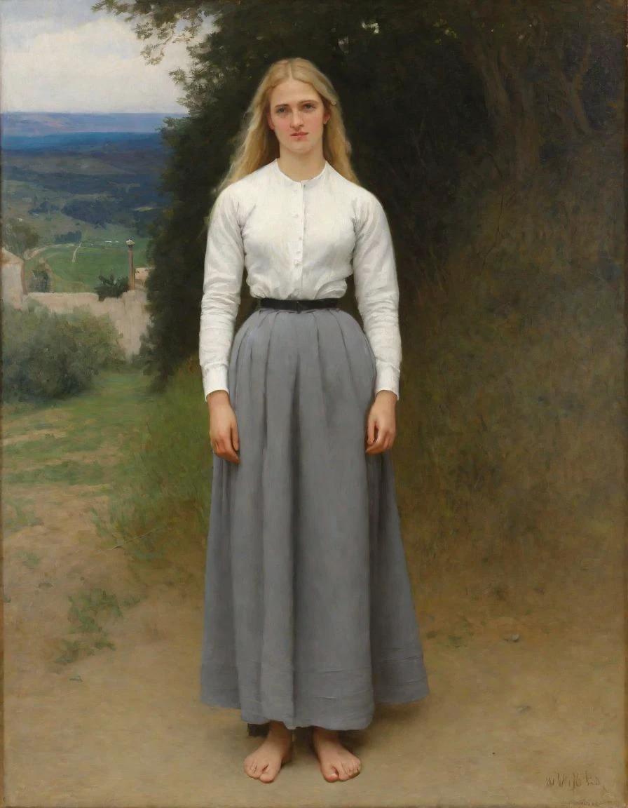 an oil painting of a standing woman by WllBgr, front view, outdoors, grey skirt, white shirt, full body, barefoot, blonde hair, long sleeves, long hair, looking at viewer
