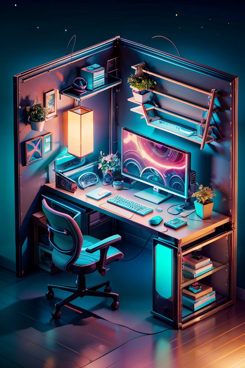 (ultra realistic,32k, masterpiece:1.2),(high detailed:1.1),( high quality:1.1), BREAK, <lora:IsometricNeon:0.8>,   from above,   IsometricNeon, indoors, gradient, book, gradient background, no humans, chair, plant, box, scenery, desk, lamp, controller, cable, computer, television, monitor, keyboard (computer), flower pot, mouse (computer), screen, platform,  BREAK,  blooming stars, luminescent, otherworldly fragrance blurry background, (<lora:add_detail:0.92>, (glowwave:1.1),