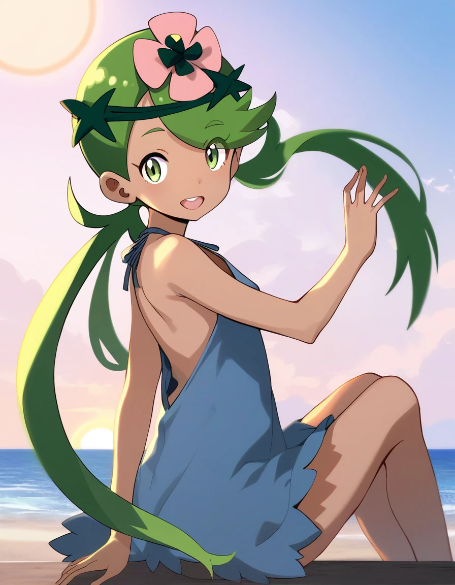 Masterpiece, Best Quality, high resolution, pier and sea in the background, A girl, alone, green eyes, long hair two braids, green color, funny look, sitting on the dock, smiling, (mallow) (pokemon), Swimsuit, bare shoulders, legs stretched and apart, barefoot, planta de los hanging feet , head on, hanging feet, (view from the ground up)