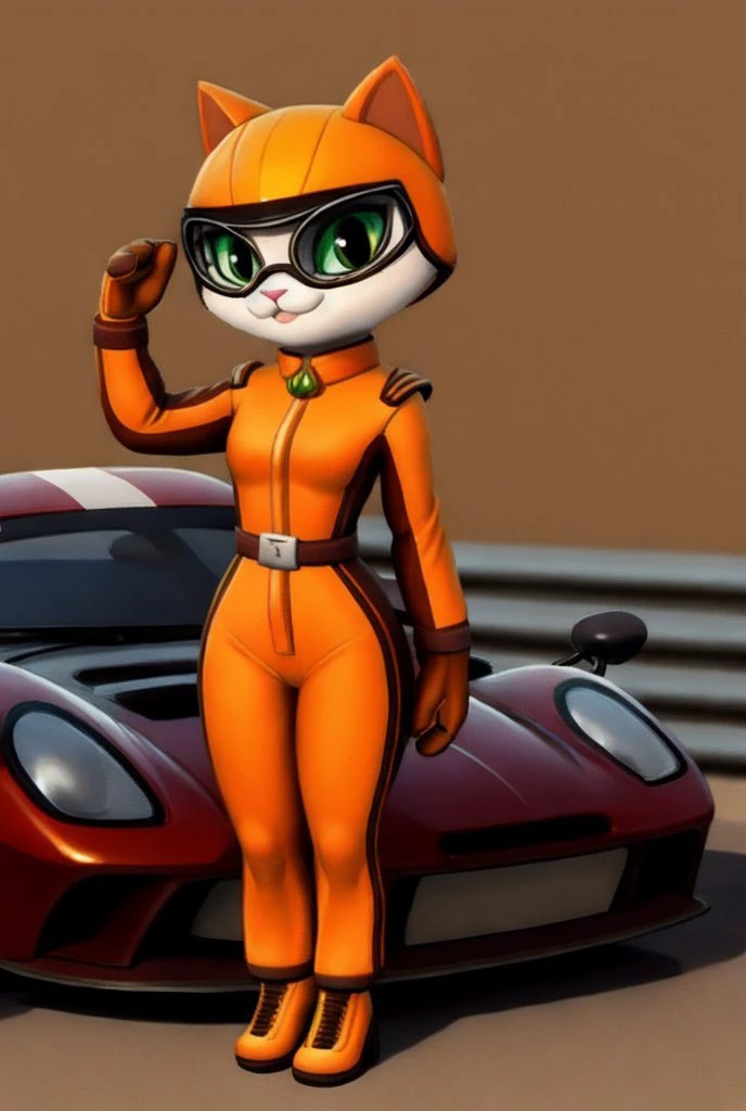 <lora:meowmotors_girls:0.7>
solo, 1girl, masterpiece,
lily, cat, orange fur, green eyes,
orange suit, orange helmet,
standing at old racing car