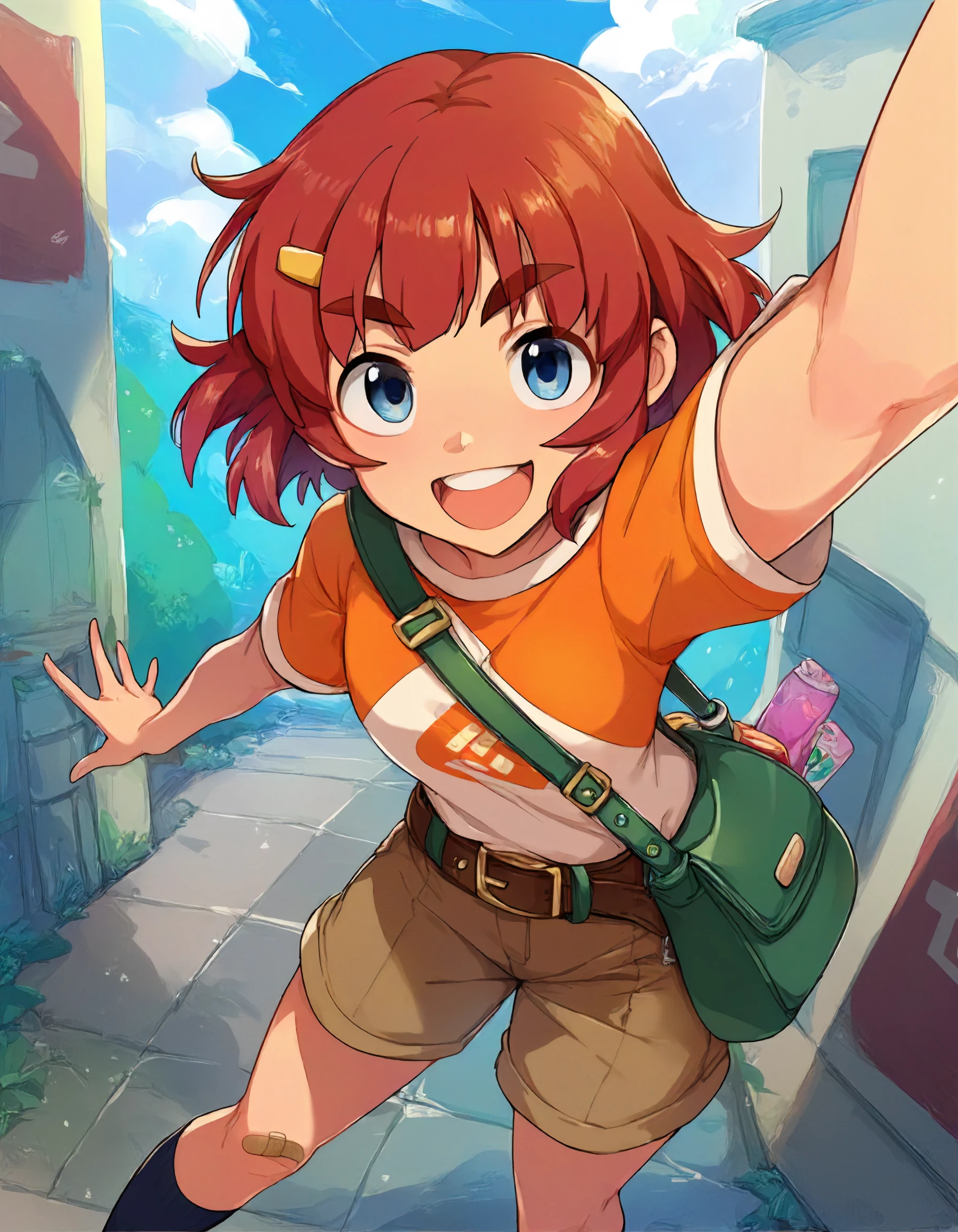 score_9, score_8_up,score_7_up,1girl,looking at viewer,standing,smile,open mouth,upper teeth only,
<lora:anzaimiyako_ponyXLV6:0.7>,cgam,red hair,short hair,thick eyebrows,blue eyes,hairclip,
belt,brown shorts,shoulder bag,
bandaid on knee,kneehighs