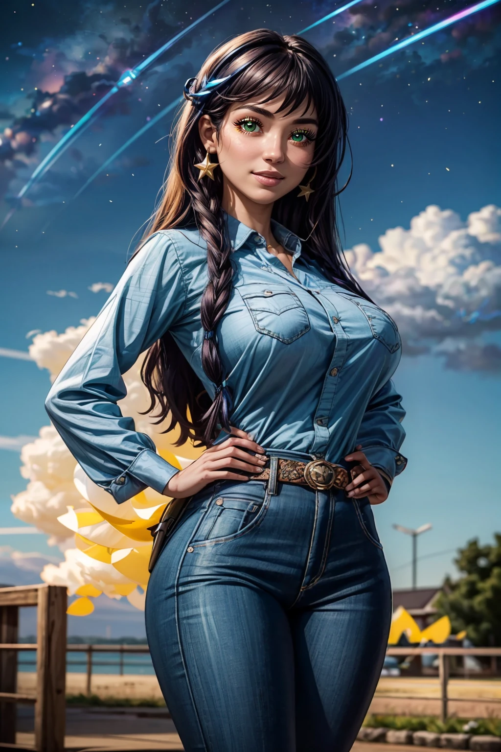 (ultra realistic,32k, masterpiece:1.2),(high detailed skin:1.1),( high quality:1.1), <lora:Nani_Cloud:0.5>, zzNaniCloud, green eyes, blue shirt, hands on hips, pants, belt, curvy, wide hips, solo, smile, looking at viewer, cowboy shot, blooming stars, luminescent petals, otherworldly fragrance blurry background, (looking at viewer, standing:1.1), huge breast, large breast, <lora:add_detail:0.92>, (glowwave:1.1),