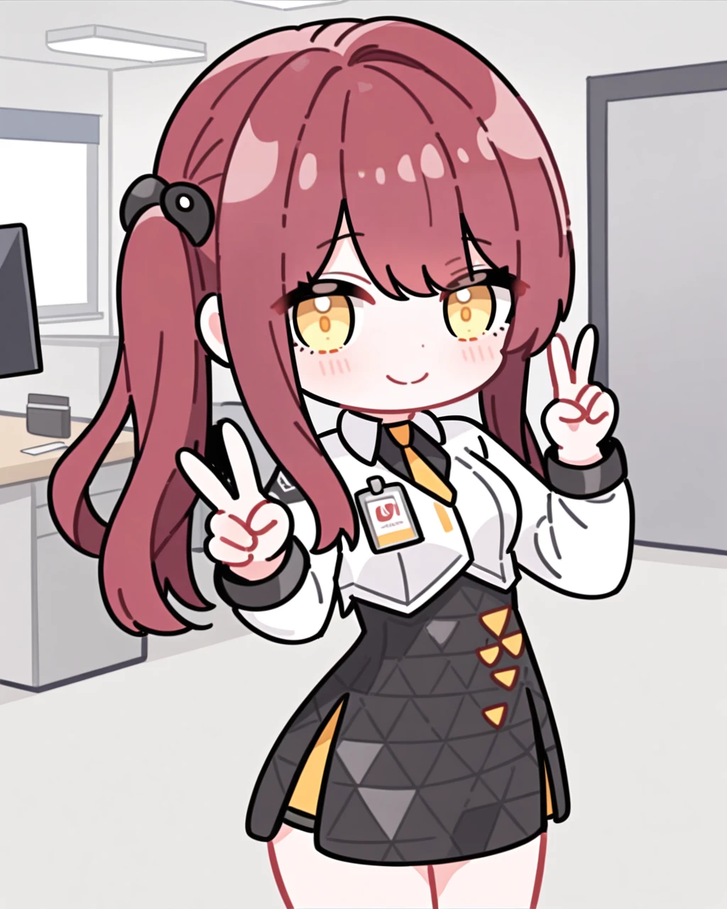 masterpiece,best quality,office,smile,closed mouth,standing,v,chibi,
<lora:kaluolin_xl:0.75>,anotherstyle,kaluolin,1girl,solo,skirt,red hair,looking at viewer,shirt,side ponytail,black skirt,white shirt,yellow eyes,long sleeves,necktie,long hair,high-waist skirt,bangs,