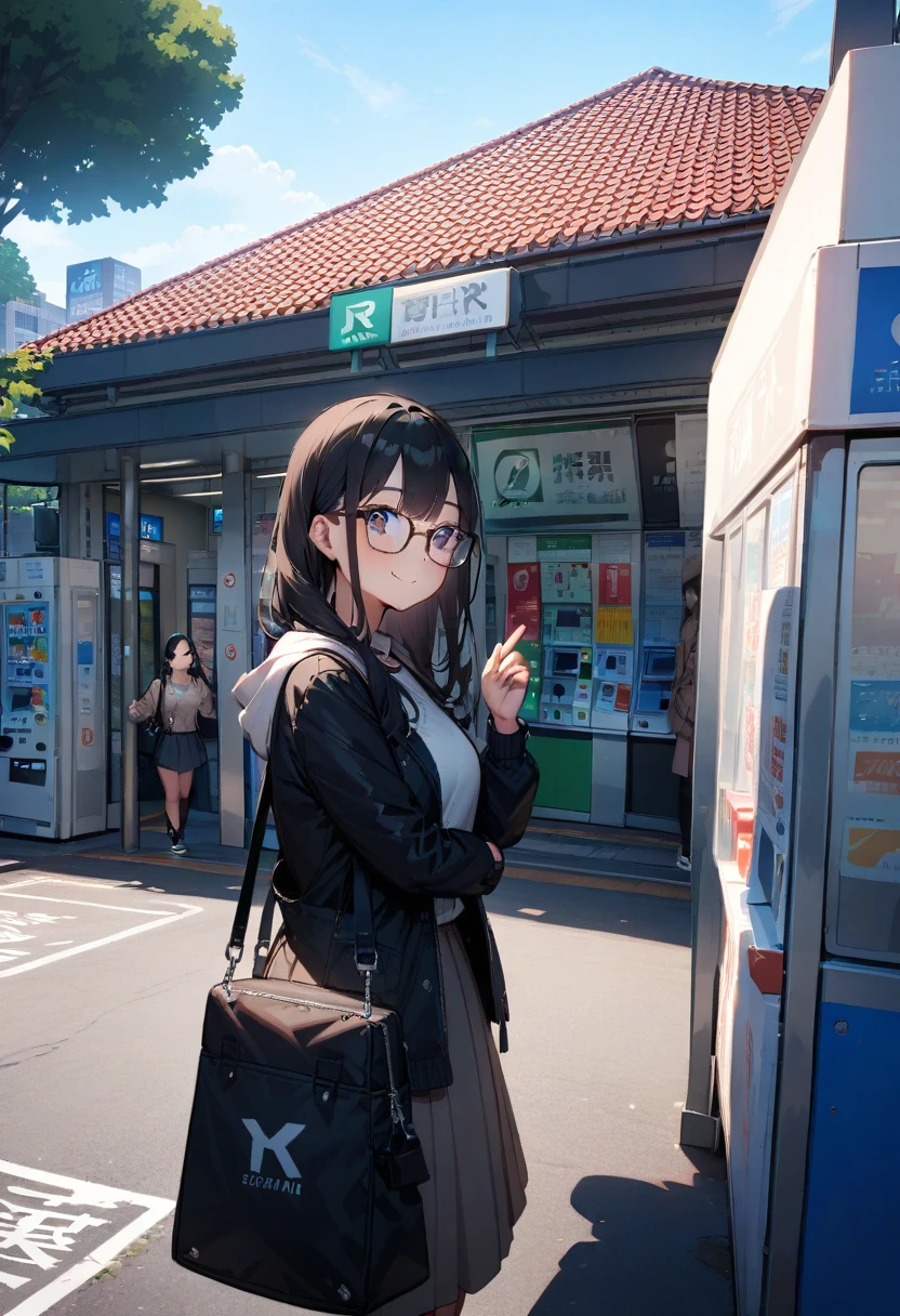masterpiece, best quality, very aesthetic, absurdres,
1girl, solo, glasses, black hair, long hair, jacket, skirt, black bag, smile, looking at viewer, solo focus,
uguisudani, storefront, scenery, outdoors, sky, day, fence, building, sign, blue sky, real world location, vending machine, shadow, chain-link fence, tree, city
<lora:uguisudani_minami_SDXL_V2:1>