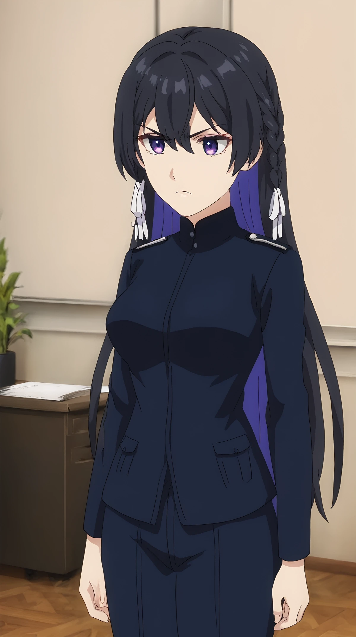 <lora:tinasha.pony.v3:0.85>
 score_9, score_8_up, score_7_up, tinasha
purple eyes, 1girl,solo,
standing,
stern look, serious,
blue uniform,military uniform,
indoors, office,
