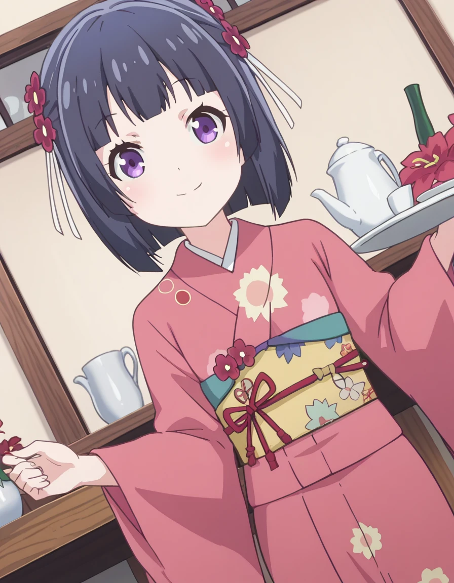 score_9, score_8_up, score_7_up, source_anime,
shigureminazuki, <lora:shigure-minazuki-s1-ponyxl-lora-nochekaiser:1>,
shigure minazuki, short hair, bangs, black hair, hair ornament, black hair, purple eyes, hair ribbon, flower, hair flower, red flower,
long sleeves, japanese clothes, wide sleeves, kimono, sash, obi, floral print, print kimono, pink kimono,
indoors, cafe, smile,
looking at viewer, solo, cowboy shot, dutch angle,