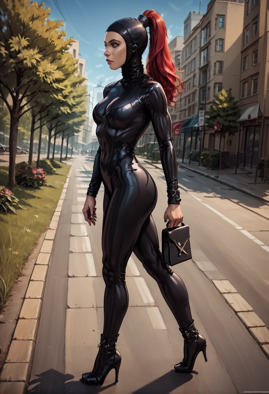 score_9, score_8_up, score_7_up, score_6_up, score_5_up, score_4_up,source_anime, anime, BREAK
<lora:openFacedHoodPony:1.0>,
1girl, solo, woman black catsuit and openFacedHood, , high heels, , outside, crossing the street, (crosswalk), sidewalk, running, , from the side, red ponytailHair,full body ,abbey road