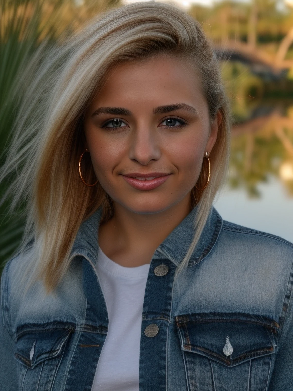 UHD, 8K, ultra detailed, a cinematic photograph of ssumm, realistic photograph, denim jacket, earrings, messy hair, face, close-up, no makeup, beautiful lighting, great composition