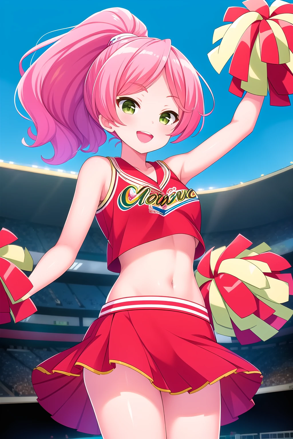 (masterpiece, best quality), highly detailed background, perfect lightingbest quality, makisesubaru, solo, outdoors, stadium, cheerleader, pink hair, ponytail, parted bangs, long hair, green eyes, medium breasts, red shirt, crop top, left arm up, pom pom \(cheerleading\), red skirt miniskirt, smile, open mouth, :d, pink lips, <lora:Makise-Subaru:0.7>