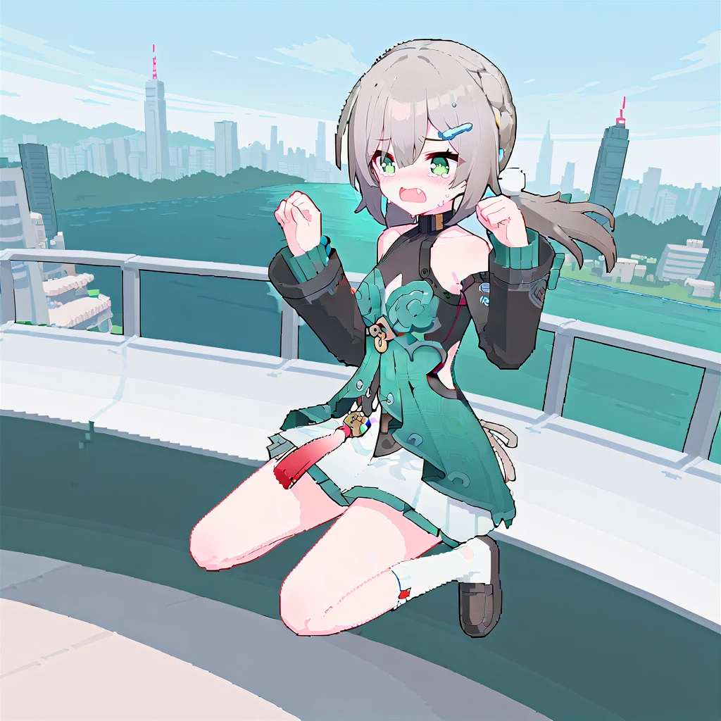 sitting, jumping, paw pose, hands up, dynamic pose, running,
qingque60, digital art, impasto, pixel art, city, cyberpunk,
1girl, solo, full body, green eyes, blush, tearing up, crying, fang, shouting,
grey hair, twintails, pom pom hair ornament,
own hands together,
detached sleeves, long sleeves,
green dress, white skirt,
bare legs,
white socks,
black loafers,
<lora:qingque60-you-014:0.65>
<lora:a31_style_koni-000010:1>