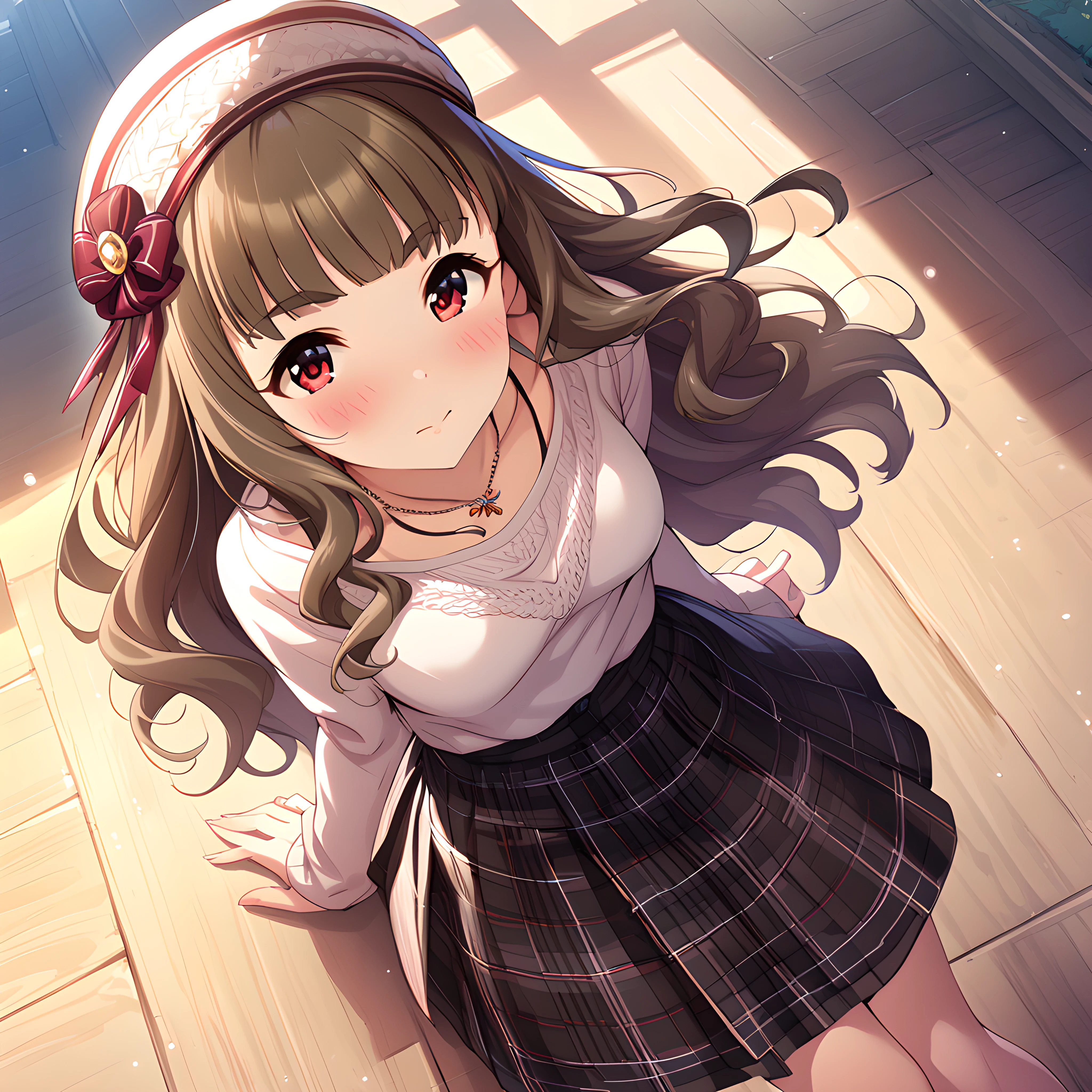 (masterpiece),(best quality),(ultra-detailed),(best illustration),(best shadow),(absurdres),(detailed background),(very aesthetic), nao kamiya, 1girl, red eyes, long hair, jewelry, brown hair, hat, skirt, solo, blush, necklace, casualoutfit<lora:Nao_Kamiya:1>