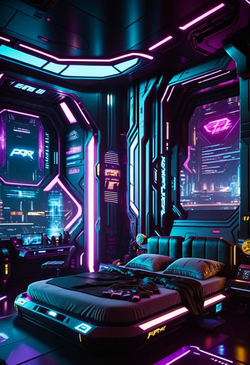 cinematic photo Cyberpunk Environments, interiors, Cyberpunk 2077, futuristic interior design, home, bed, 35mm photograph, film, bokeh, professional, 4k, highly detailed,