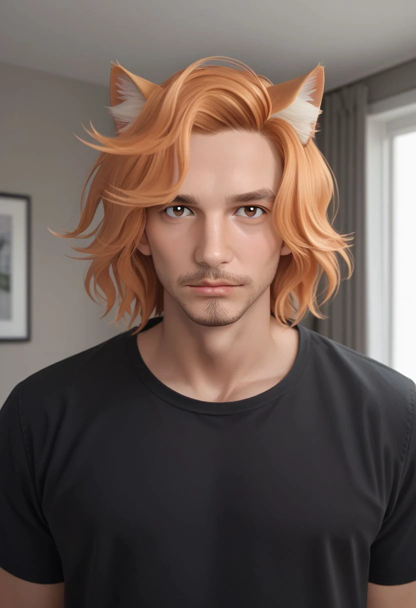 Phoenix Montoya, 1boy, male focus, solo, solo focus, orange hair, brown eyes, animal ear fluff, cat ears, animal ears, facial hair, stubble, goatee, black shirt, hispanic, looking at viewer, indoors, shirt, solo, upper body, score_9, score_8_up, score_7_up, score_6_up,