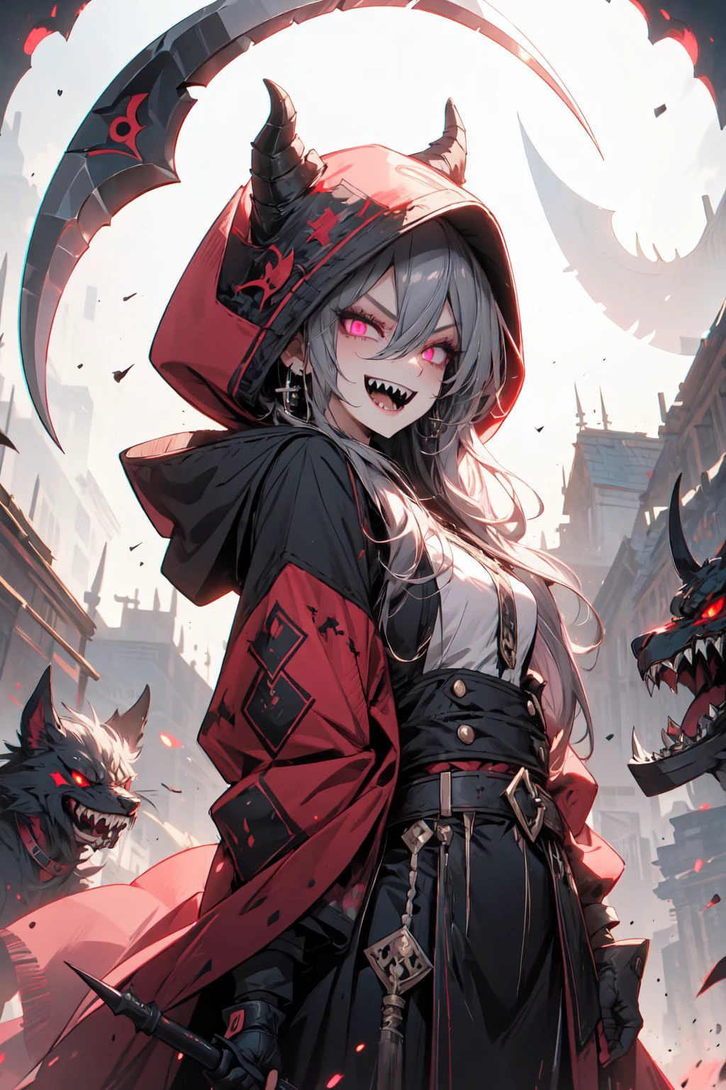 1girl, scythe, solo, sharp_teeth, holding, teeth, hood, pink_eyes, open_mouth, horns, smile, long_hair, ring, hood_up, gloves, holding_scythe, looking_at_viewer, weapon, holding_weapon, black_gloves, glowing_eyes, jewelry, fur_trim, glowing, hair_between_eyes, fingerless_gloves, building, grey_hair, (neon), (evil smile:1.4), evil <lora:kip-02:1>